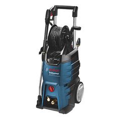 a blue and black pressure washer with hoses on the back end, in front of a white background