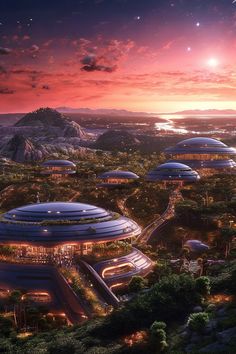 an artist's rendering of the futuristic city with many domes and trees at sunset