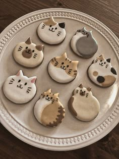 decorated cookies in the shape of cats on a plate