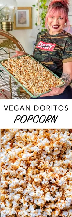 a woman with pink hair holding a tray of popcorn and the words vegan doritos popcorn