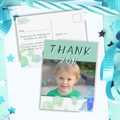 a thank you card with a photo of a young boy in green and blue stars