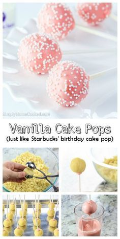 vanilla cake pops with white sprinkles and pink frosting on them are shown