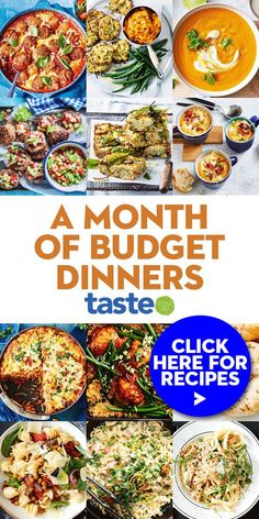 the cover of a month of budget dinners taste cookbook with images of different dishes