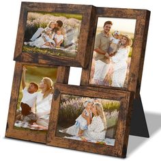 three wooden frames with four different pictures on the front and one has a family photo in it