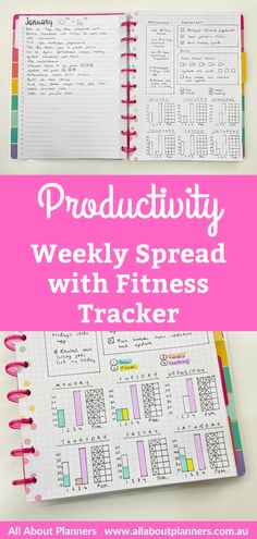 a pink notebook with the words, productivity weekly spread with fitness tracker