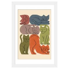 an image of cats in different colors on a white background with black framed border and wood frame