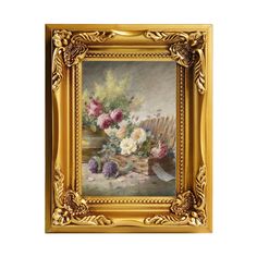 a painting with flowers in a gold frame