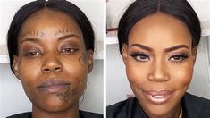 two pictures of a woman with tattoos on her face and eyebrows, both showing before and after