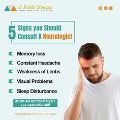 🧠 Is your brain sending you signals? 🧠  5 signs you might need to see a neurologist:  🧠 Memory loss? Can't remember where you put your keys? 🤕 Constant headaches? More than just a bad day? 🚶‍♀️ Weakness in your limbs? Feeling unsteady on your feet? 👀 Visual disturbances? Seeing spots or blurry vision? 😴 Sleep disturbances? Tossing and turning all night?  Don't ignore these signs! Early diagnosis and treatment are crucial for optimal brain health.  Book an appointment today: +918448554489  Visit our website: www.dmettleclinique.com  #neurology #brainhealth #memoryloss #headache #weakness #visualproblems #sleepdisturbance #dmettleclinique #health #wellbeing Just A Bad Day, Constant Headaches, Health Book, Blurry Vision, Health Wellbeing, Sleep Problems, Neurology, Brain Health, Bad Day