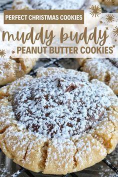 the perfect christmas cookies for muddy buddy's peanut butter cookies are covered in powdered sugar