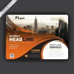 an orange and black business card with the image of a cityscape in the background