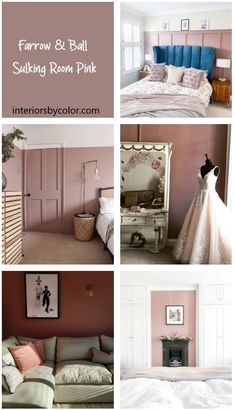 pink and white bedroom with pictures of furniture, bedding and decor in it's collage