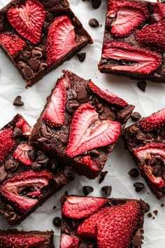 chocolate brownies with strawberries cut into squares