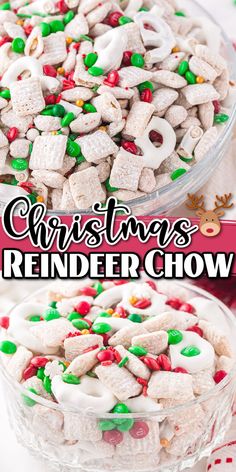 christmas reindeer chow recipe in a glass bowl