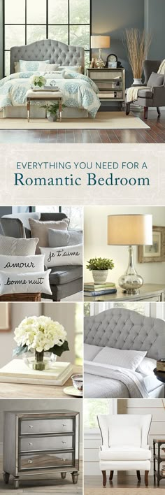 a collage of photos with the words everything you need for a romantic bed room