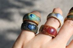 handmade ceramic rings I love rings!! So I make a lot of rings for myself. this is a batch of rings freshly fired with some new clay and glazes i'm trying out, I love the way they fired! red clay fired to cone 5 each is double or triple dipped during glazing process, creating beautiful glaze combo and depth in color these are roughly size 4.5 **due to alteration during firing, these are not perfect circles, sizing may be a little off** I also have other sizes in my shop, each ring is one of a ki Porcelain Rings, Ceramics Jewelry, Colorful Rings, Handmade Ceramic Jewelry, Handmade Ceramic Planters, Clay Ring, Small Ceramic Bowl, Clay Rings, Light Sky Blue