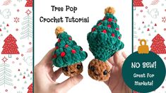 two small crocheted christmas trees are held in their hands