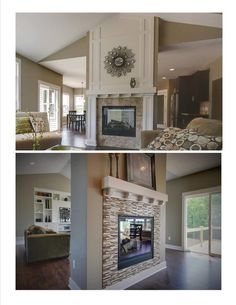 two pictures of a living room with fireplace and dining room in the background, one is empty