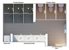 an overhead view of a public restroom with toilet stalls and urinals on the walls