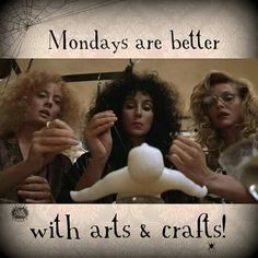 three women sitting at a table with an object in front of them that says, mondays are better with arts & crafts