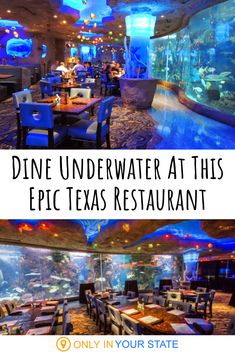 the inside and outside of an aquarium restaurant