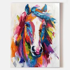 a painting of a colorful horse on a white wall