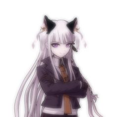 an anime character with long white hair and horns