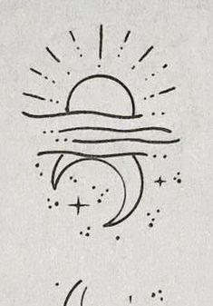 a drawing of the sun and moon with stars on it's side, in black ink