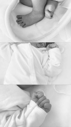 three different images of a baby in a crib with his hands on the side