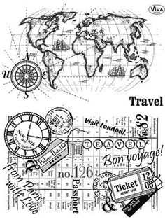 two stamps with the words travel on them and a world map in the middle one