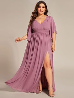 Plus Size Half Sleeve Pleated A-Line V-Neck Chiffon Bridesmaid Dress #color_Purple Orchid Pastel Blue Bridesmaids Dresses, Versatile Bridesmaid Dress, Orchid Bridesmaid Dresses, Blue Bridesmaids Dresses, Bridesmaid Gown Chiffon, Perfect Bridesmaid Dress, Purple Bridesmaid Dresses, Plus Size Bridesmaid, Chiffon Bridesmaid Dresses