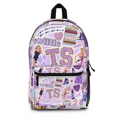 a purple backpack with various images on it and the words tss written in different languages