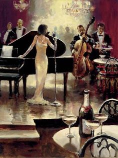 a painting of a woman standing in front of a piano with other people around her