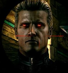 a close up of a person with red eyes in a video game character's face