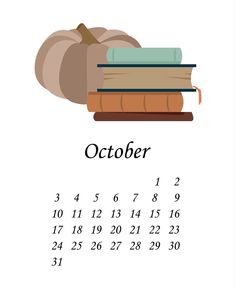 the october calendar with books and pumpkins