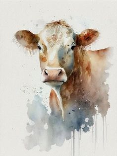 a painting of a cow's face with watercolor stains on it and the head is looking straight ahead