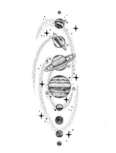 the planets and stars tattoo design is shown in black ink on white paper, as well as