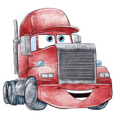 a red truck with a smiling face on it's front and the words mack written in