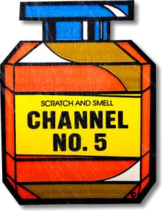 an orange and yellow chanel no 5 bottle with the words scratch and smell on it