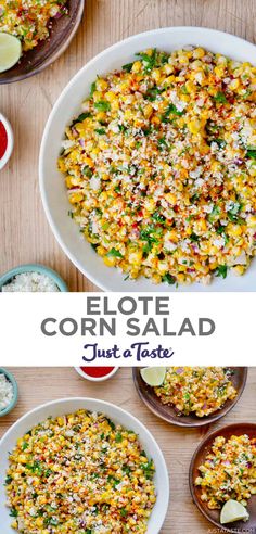 corn salad in a white bowl on top of a wooden table next to other dishes