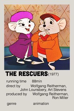 an advertisement for the rescuers featuring two cartoon mouses, one with a purple hat and