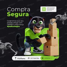 an advertisement with a cartoon character holding a cardboard box in front of it and the caption'compra segura '