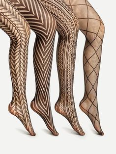 Laser Cut & Geometric Pattern Tights 4 Pairs. Fishnet Ankle Socks, Pattern Tights, Over The Knee Socks, Fishnet Tights, Womens Tights, Shein Style, Women's Style