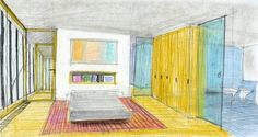 this is a drawing of a living room with yellow and blue doors on the wall