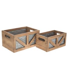 two wooden boxes with metal handles on white background