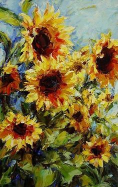 an oil painting of sunflowers in a field