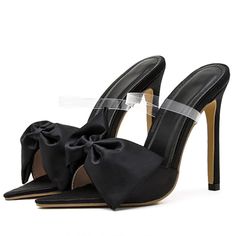 Silk Butterfly-knot Women Slippers – Premiwear.com Pointed Toe Heels With Bow For Cocktail, Open Heel Bow Heels For Night Out, Spring Party Mules With 4-inch Heel, Summer Party Mules With Pointed Toe, Party Heels With Bow, High Heels With Bow For Night Out, Elegant Open Toe Mules With Bow, Summer Evening Heels With Bow, Chic Party Heels With Bow