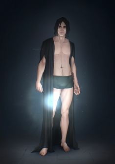 a man with no shirt standing in front of a dark background wearing a black cape