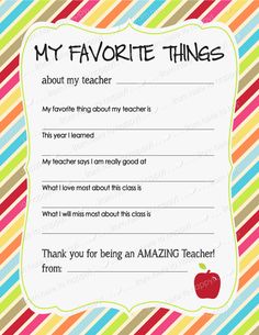 a teacher appreciation card with an apple on it and the words, my favorite things