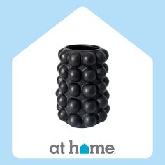 a black vase sitting on top of a blue and white house with the words at home above it